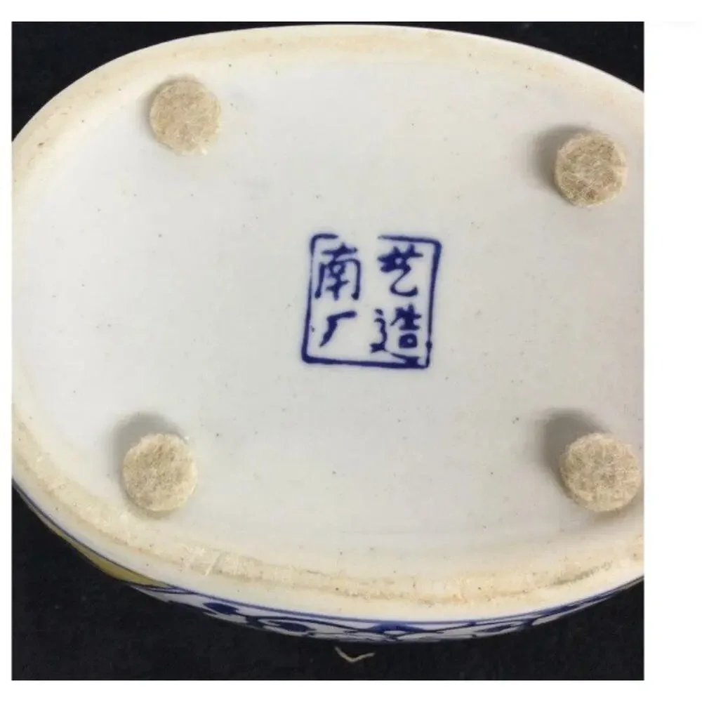 Chinese Vintage 1950s White, Yellow, and Blue Lucky Ingots Shaped Porcelain Box